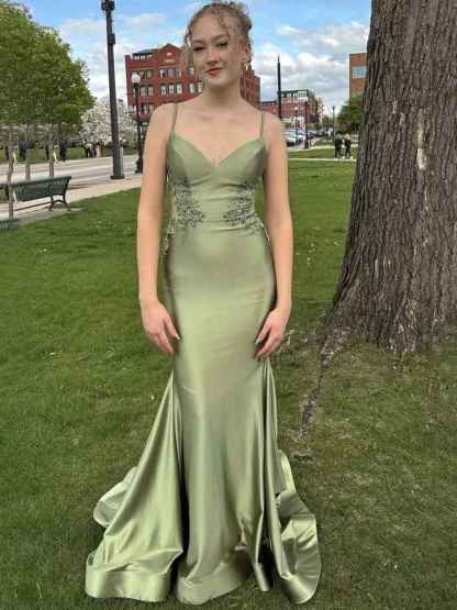 Sage Mermaid Spaghetti Straps Long Prom Dress with Appliques