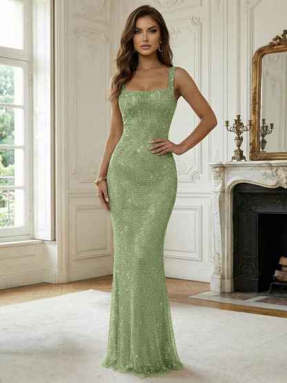 Crystal-Embellished Mermaid Long Prom Dress with Square Neckline