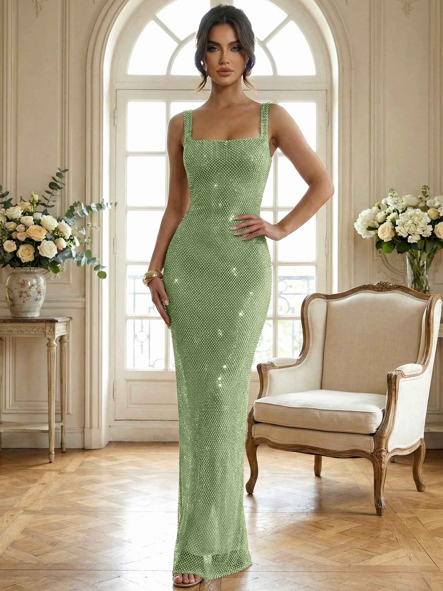 Sparkly Champagne Crystal Mesh Square Neck Long Prom Dress