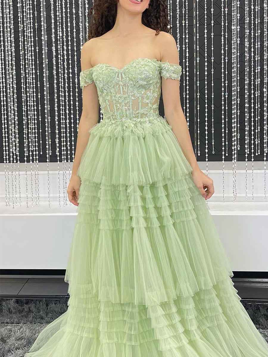 Sage Green Off-the-Shoulder Tiered Tulle Long Prom Dress