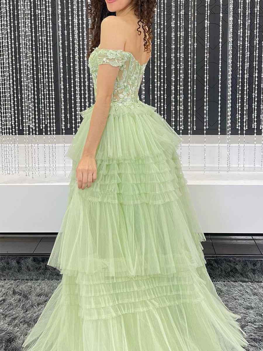 Sage Green Off-the-Shoulder Tiered Tulle Long Prom Dress