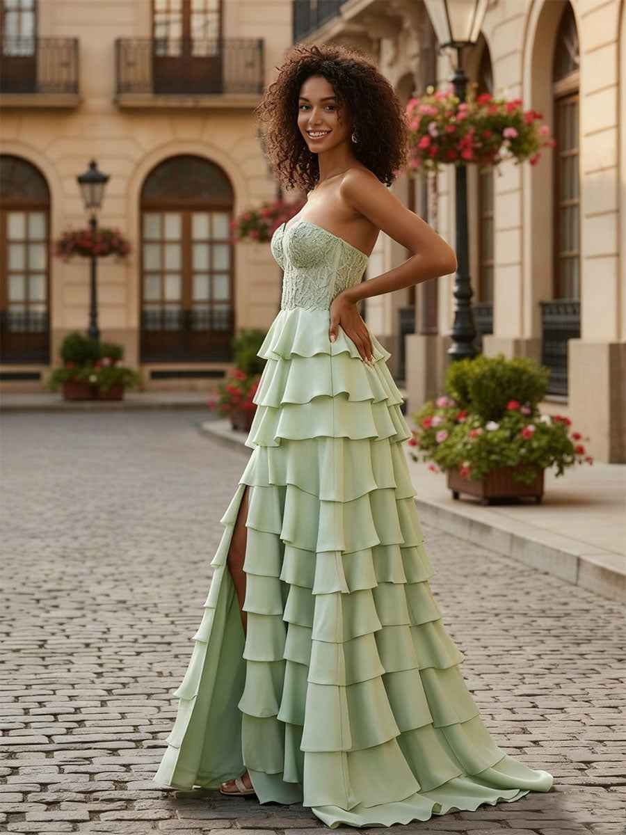 Sage Green Strapless Tiered Ruffle Prom Dress with Floral Lace Bodice