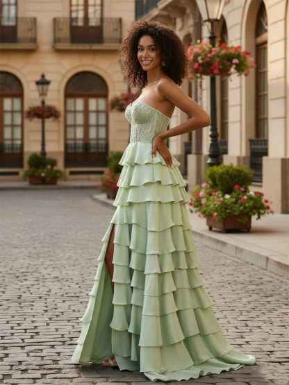 Sage Green Strapless Tiered Ruffle Prom Dress with Floral Lace Bodice