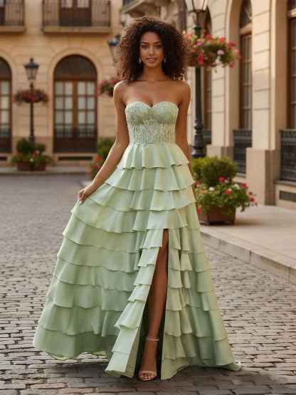 Sage Green Strapless Tiered Ruffle Prom Dress with Floral Lace Bodice