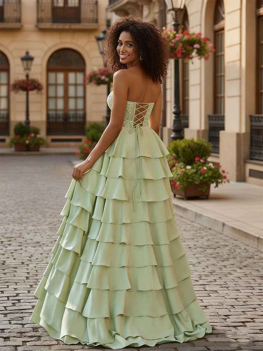 Sage Green Strapless Tiered Ruffle Prom Dress with Floral Lace Bodice