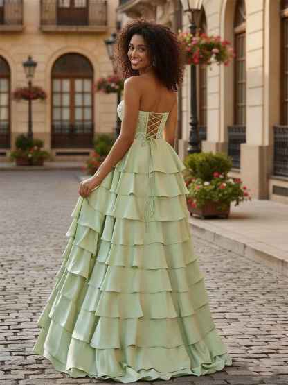 Sage Green Strapless Tiered Ruffle Prom Dress with Floral Lace Bodice