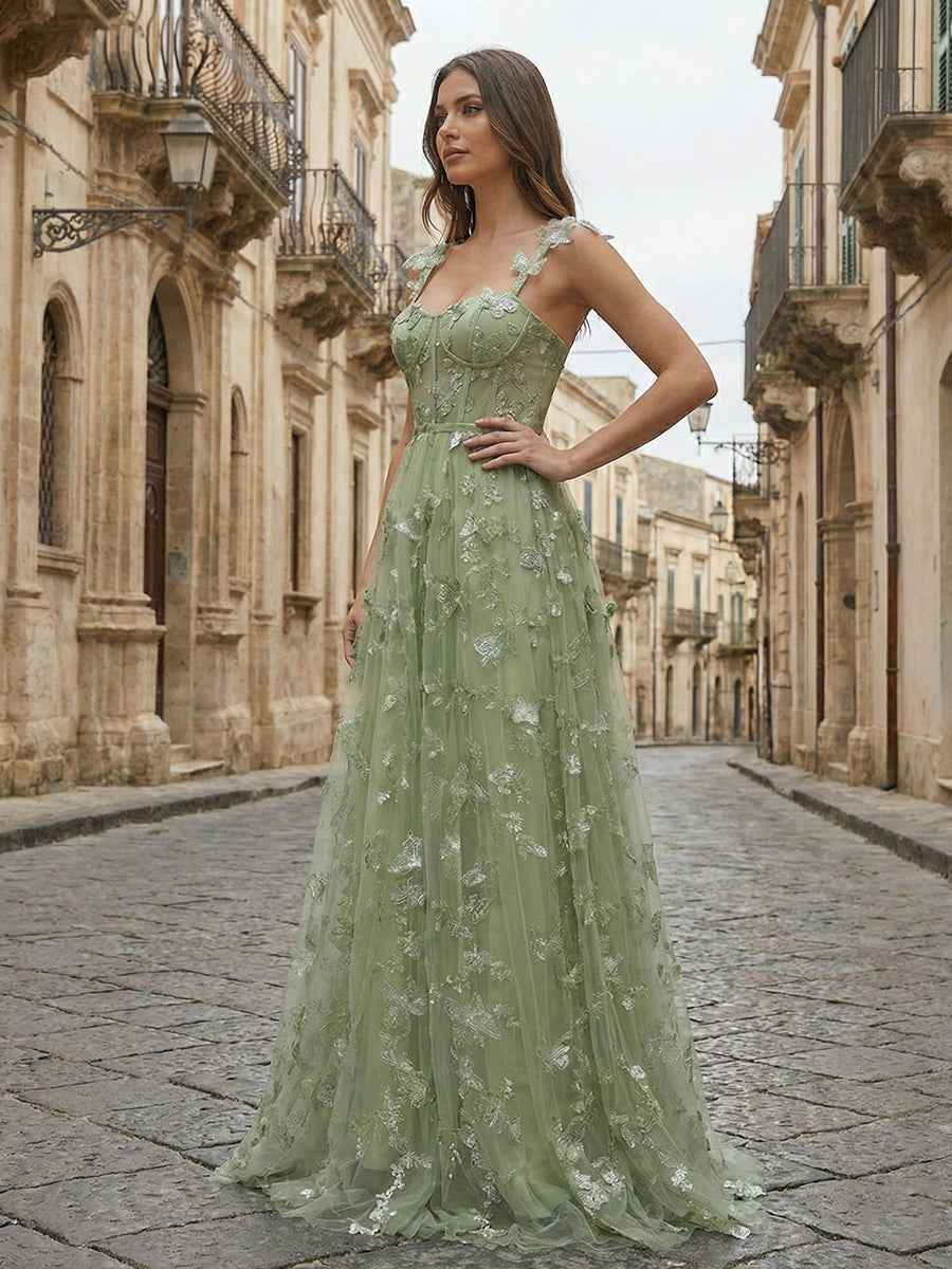 Sage Green Sweetheart A Line Butterfly Tulle Corset Prom Dress