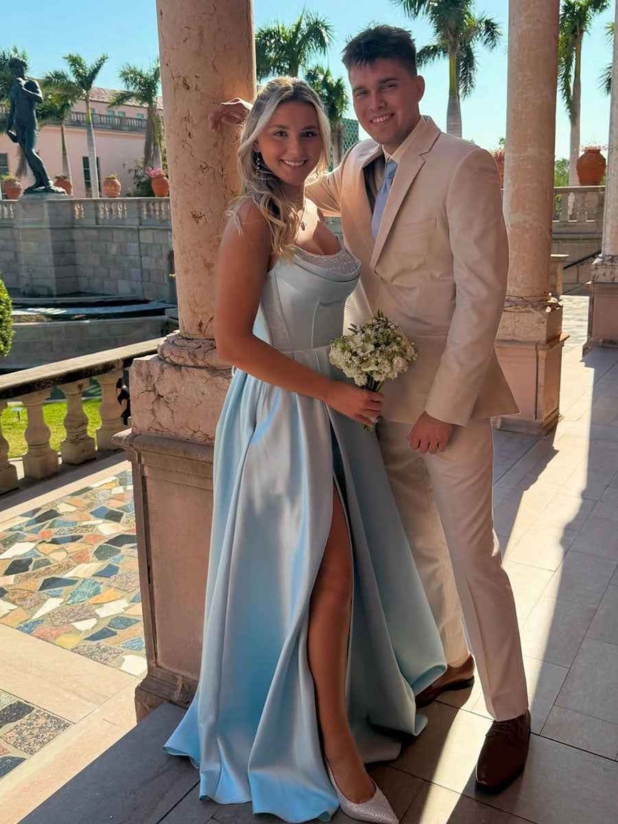 Satin A-Line Beaded Corset Prom Dress with High Slit