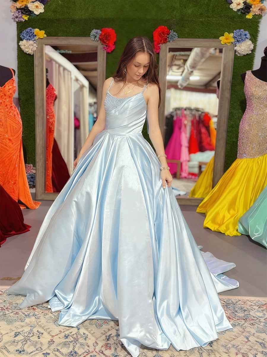 Satin A-Line Asymmetric Draped Bodice Crystal Beading Prom Dress