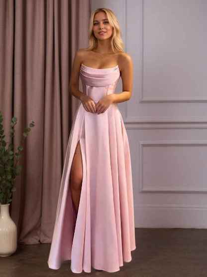 Satin A-Line Beaded Corset Long Prom Dress with High Slit