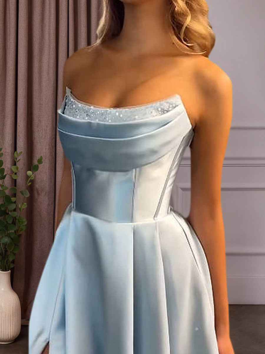 Satin A-Line Beaded Corset Long Prom Dress with High Slit