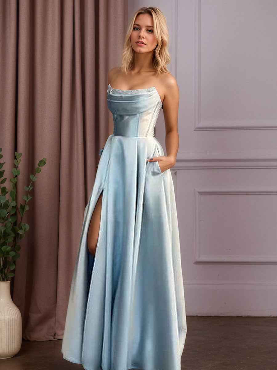 Satin A-Line Beaded Corset Long Prom Dress with High Slit