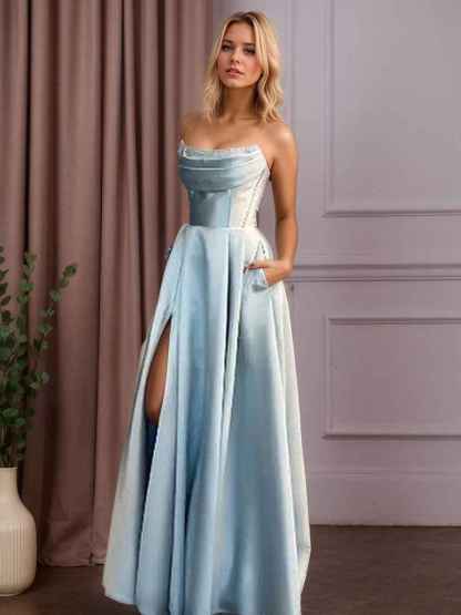 Satin A-Line Beaded Corset Long Prom Dress with High Slit