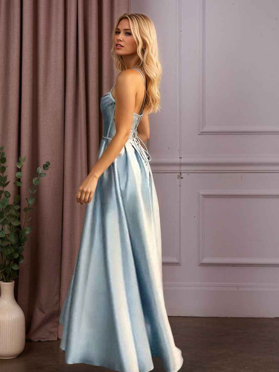 Satin A-Line Beaded Corset Long Prom Dress with High Slit