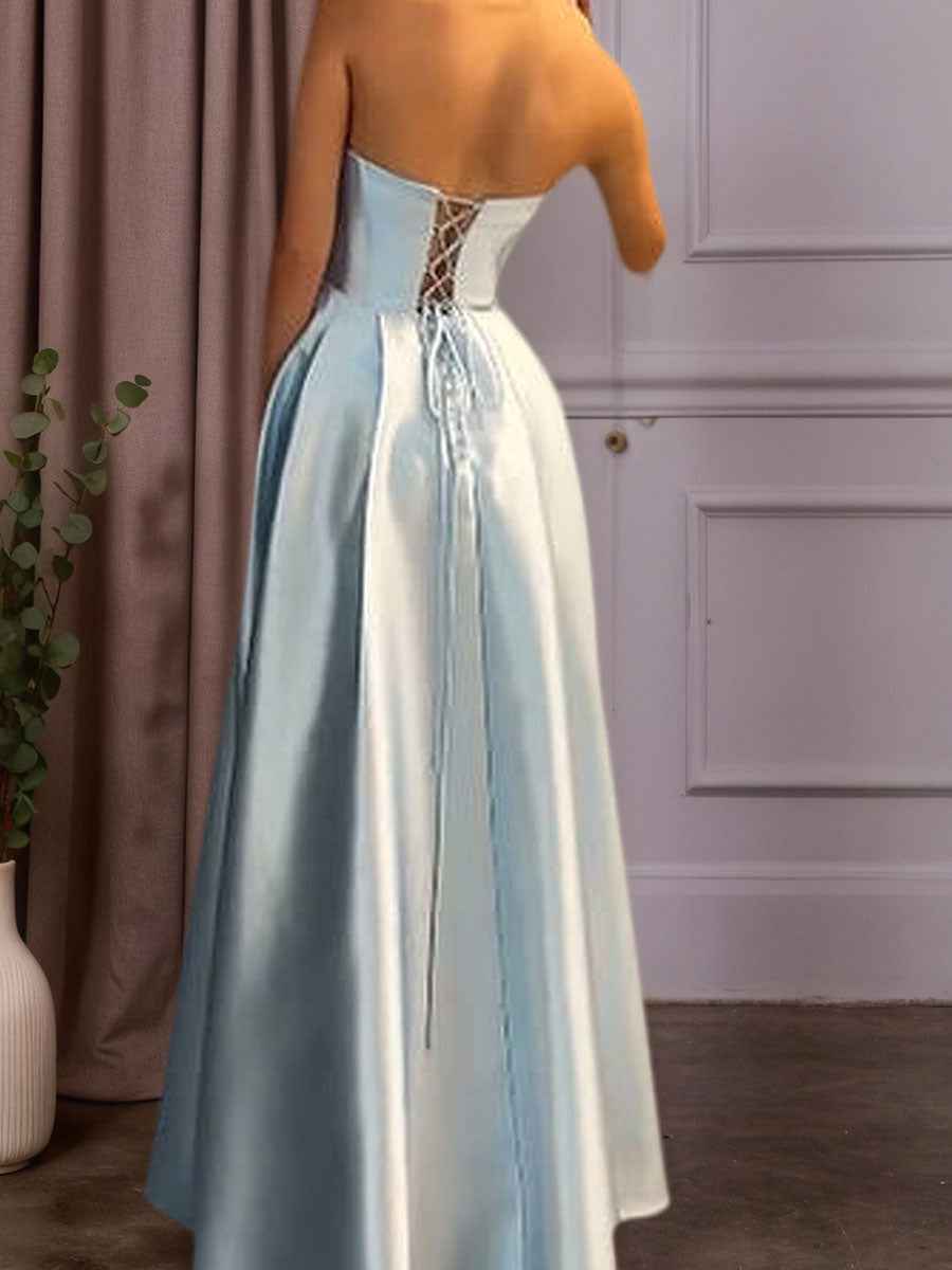 Satin A-Line Beaded Corset Long Prom Dress with High Slit