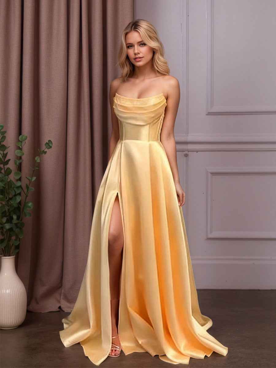 Satin A-Line Beaded Corset Long Prom Dress with High Slit
