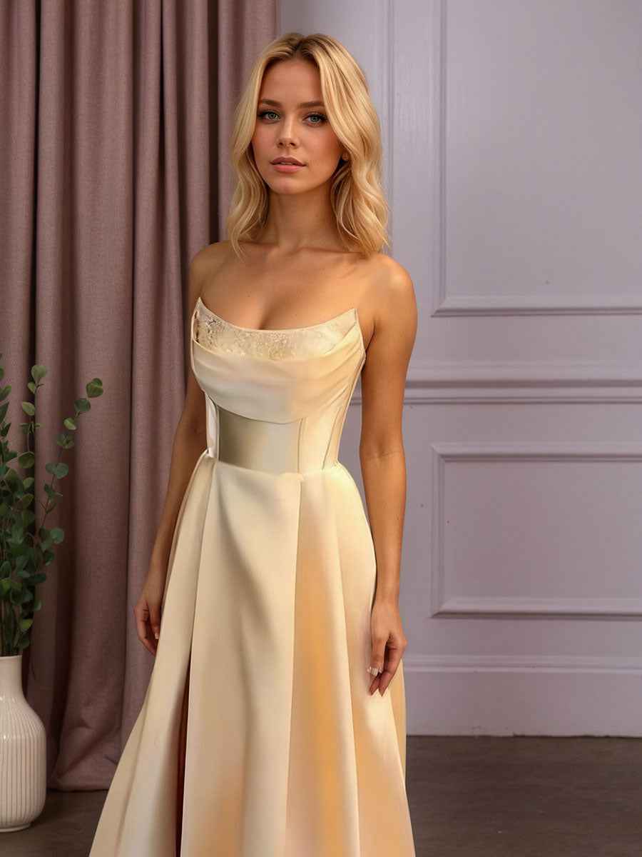 Satin A-Line Beaded Corset Long Prom Dress with High Slit