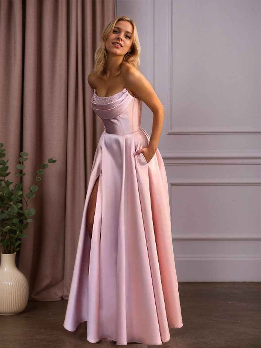 Satin A-Line Beaded Corset Long Prom Dress with High Slit