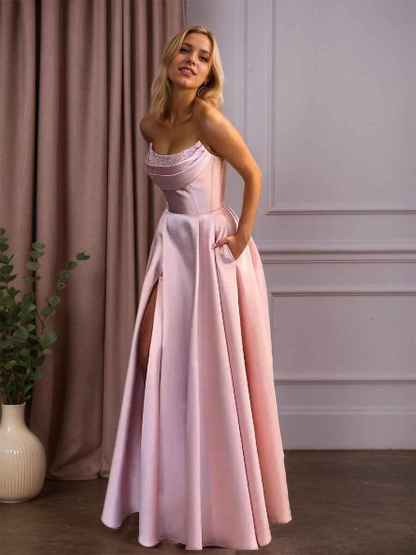 Satin A-Line Beaded Corset Long Prom Dress with High Slit