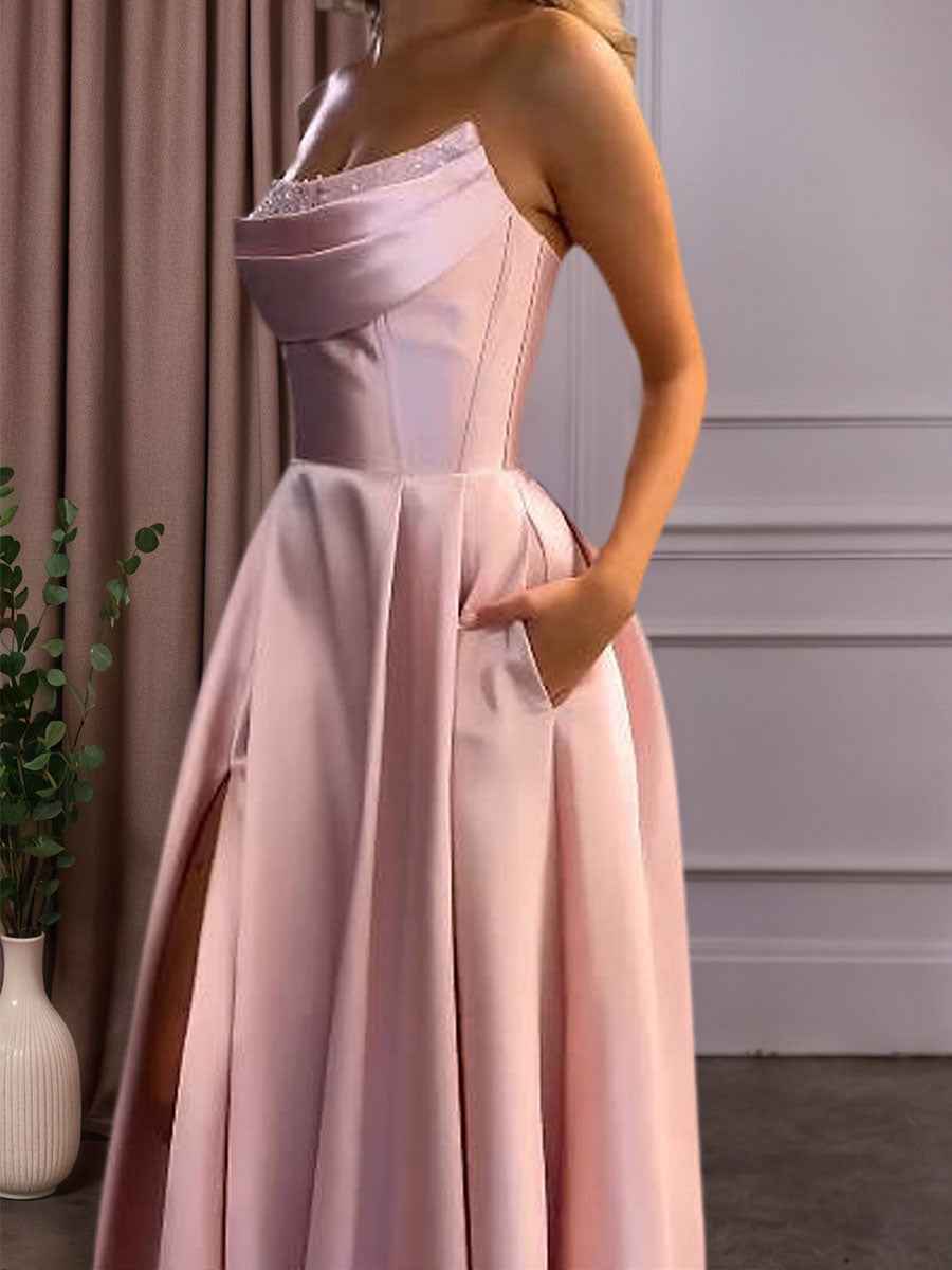 Satin A-Line Beaded Corset Long Prom Dress with High Slit