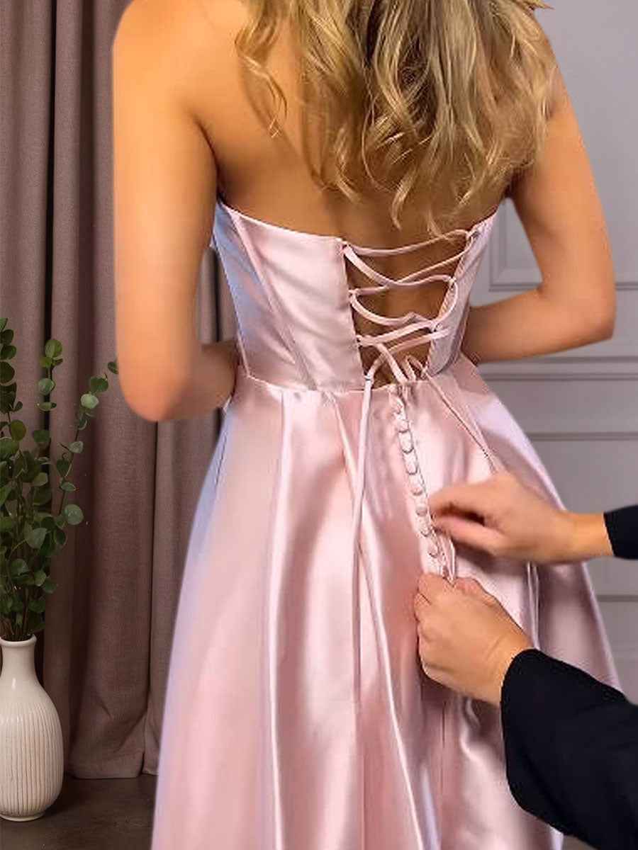 Satin A-Line Beaded Corset Long Prom Dress with High Slit