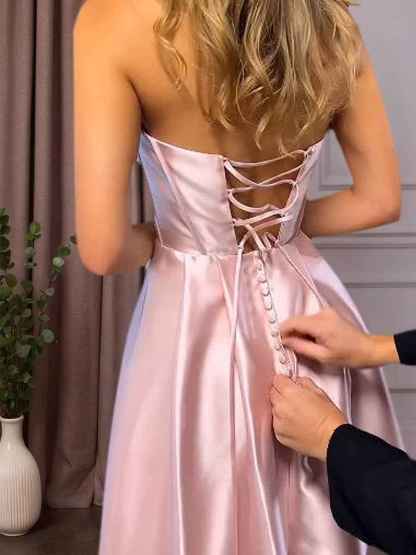 Satin A-Line Beaded Corset Long Prom Dress with High Slit