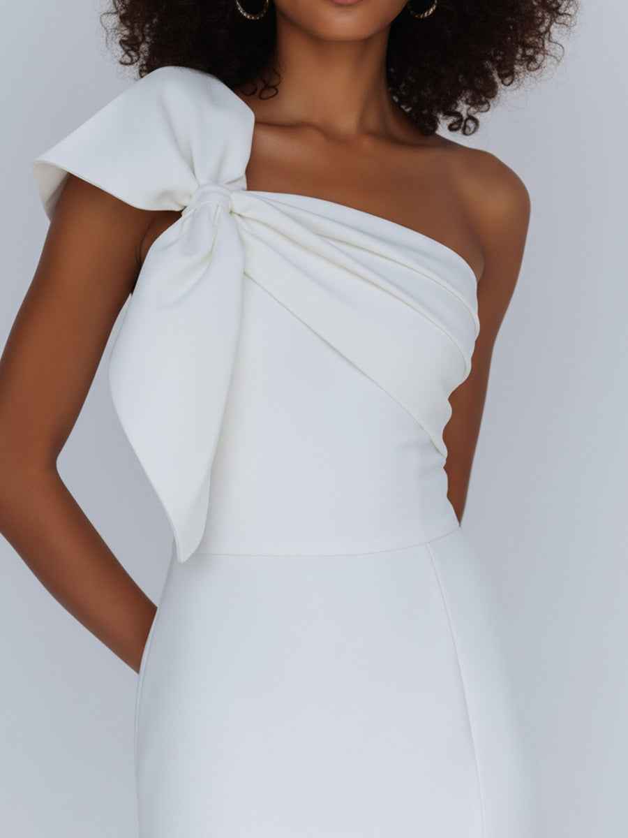 Satin One Shoulder Ruched Long Prom Dress with Bow