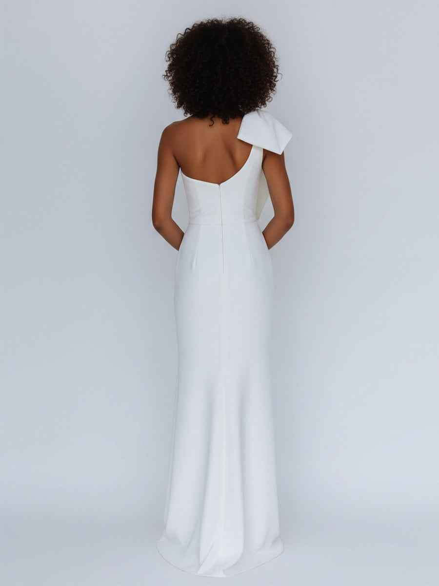 Satin One Shoulder Ruched Long Prom Dress with Bow