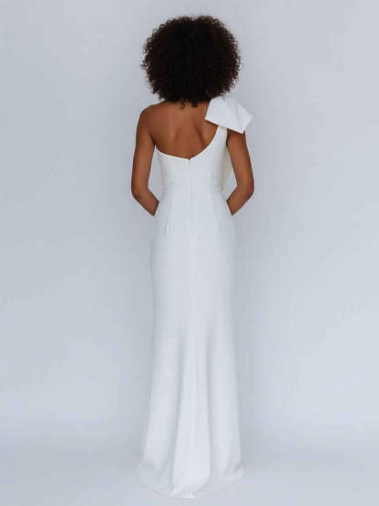 Satin One Shoulder Ruched Long Prom Dress with Bow