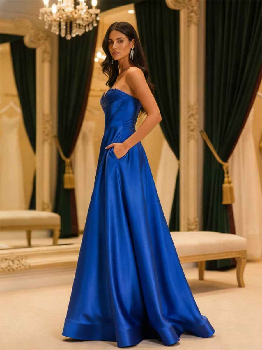 Satin Strapless Corset Bodice Prom Dress with High Slit