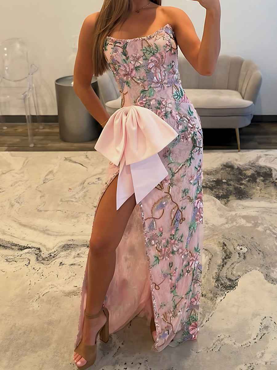 Sequin Floral Oversized Satin Bow Prom Dress with High Slit