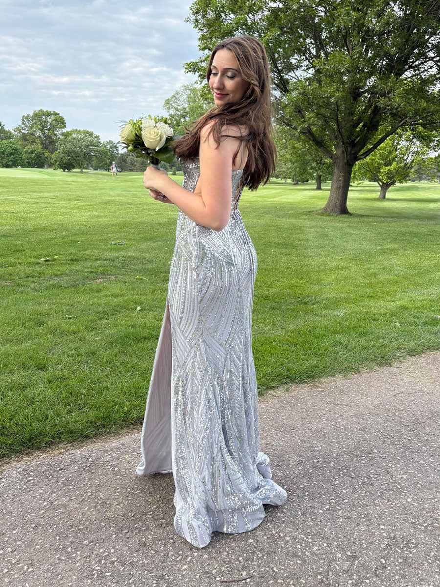 Sequin Pattern Plunging V-Neck Prom Dress with Slit