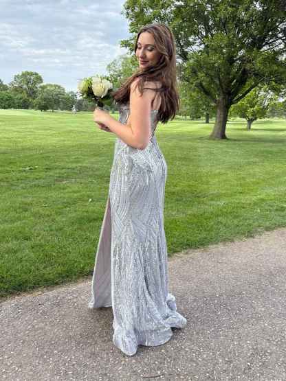 Sequin Pattern Plunging V-Neck Prom Dress with Slit