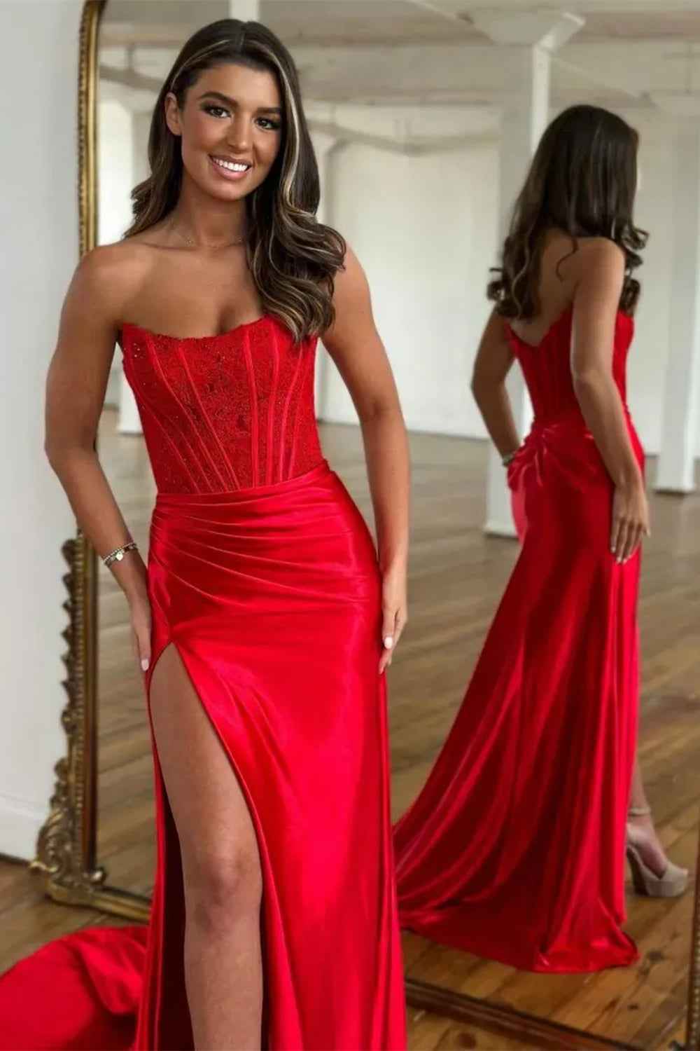 Fuchsia Strapless Corset Mermaid Long Satin Prom Dress with Slit