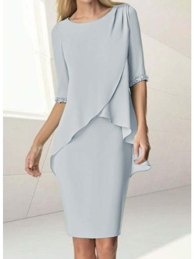 Knee-Length Beaded Sheath Dress with Ruching for the Mother of the Bride