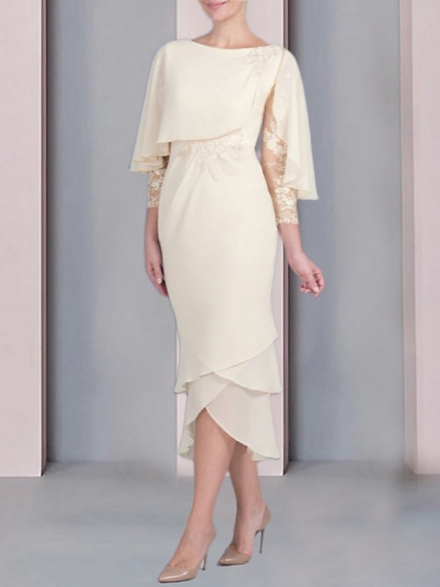 Tea-Length Mother of the Bride Dress with Scoop Neck Short Sleeves and Appliqued Lace