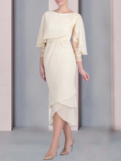 Tea-Length Mother of the Bride Dress with Scoop Neck Short Sleeves and Appliqued Lace