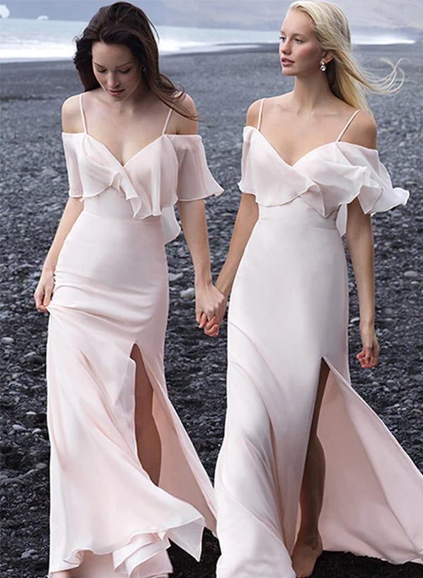 Long Floor-length Bridesmaid Dresses with Spaghetti Strap Sheath/Column Design