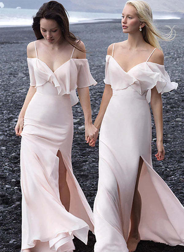 Long Floor-length Bridesmaid Dresses with Spaghetti Strap Sheath/Column Design