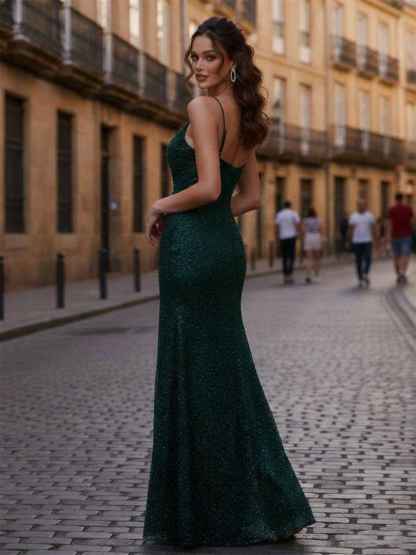 Sheath/Column V Neck Sequined Long Prom Dress with Beading