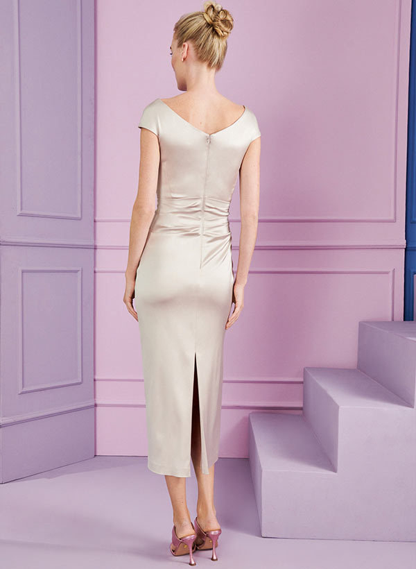 Short Sleeve Tea-Length Cowl Neck Sheath Dress with Ruffles for the Mother of the Bride