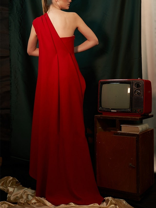 One-Shoulder Sleeveless Pleated Ruched Sheath Evening Gown