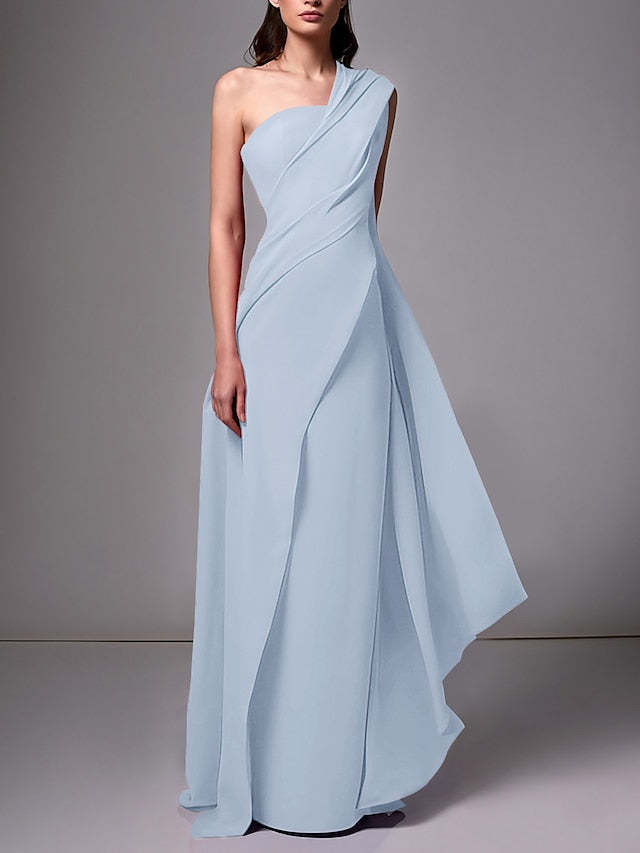 One-Shoulder Sleeveless Pleated Ruched Sheath Evening Gown