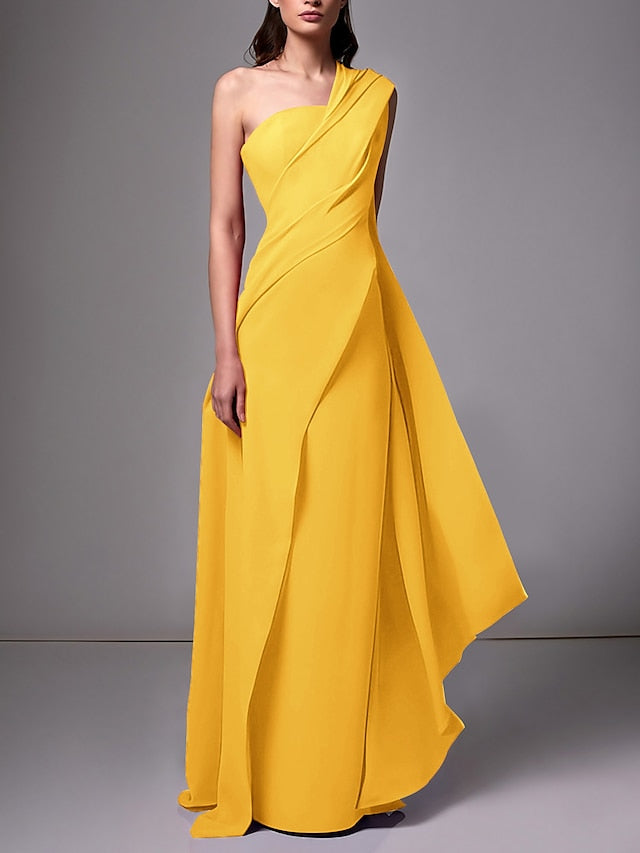 One-Shoulder Sleeveless Pleated Ruched Sheath Evening Gown
