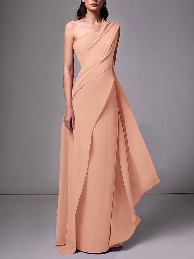 One-Shoulder Sleeveless Pleated Ruched Sheath Evening Gown