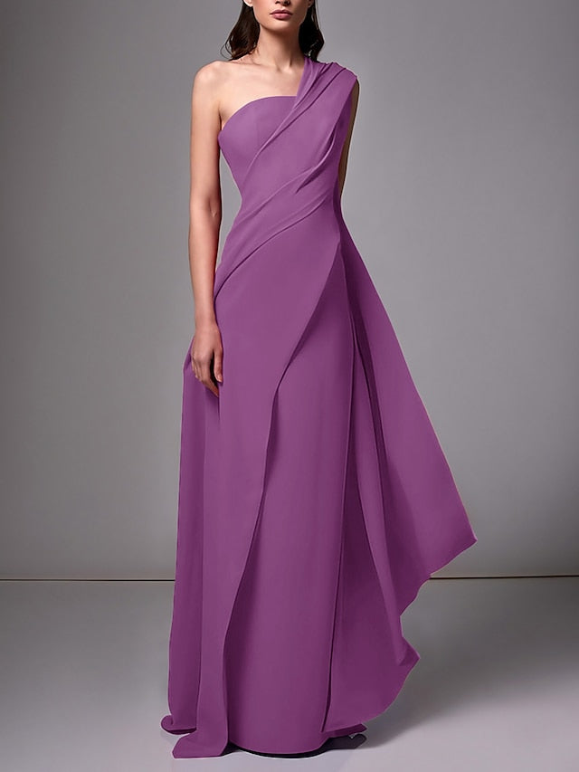One-Shoulder Sleeveless Pleated Ruched Sheath Evening Gown