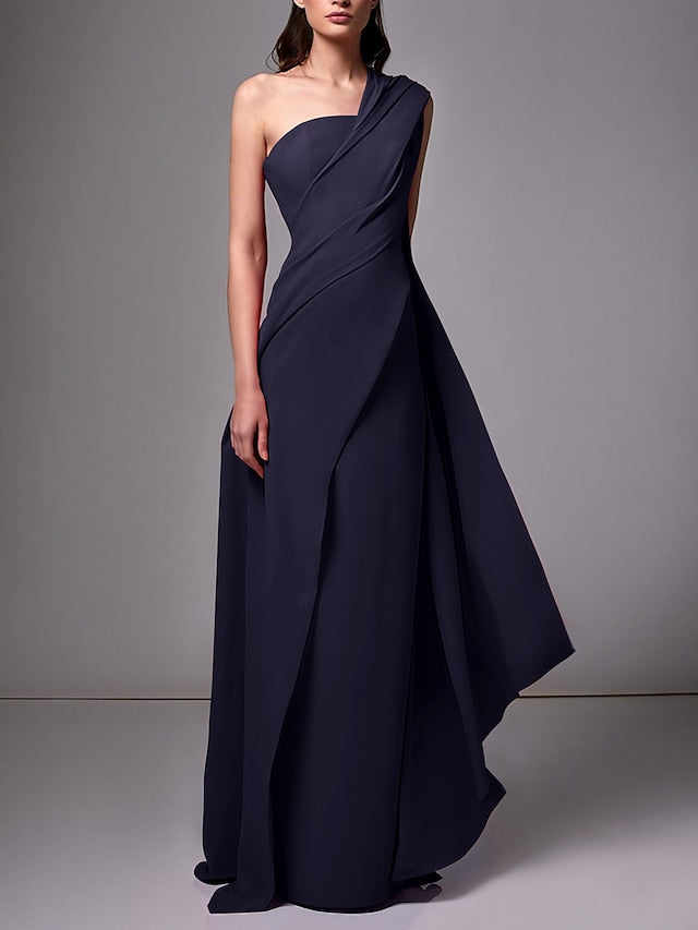 One-Shoulder Sleeveless Pleated Ruched Sheath Evening Gown