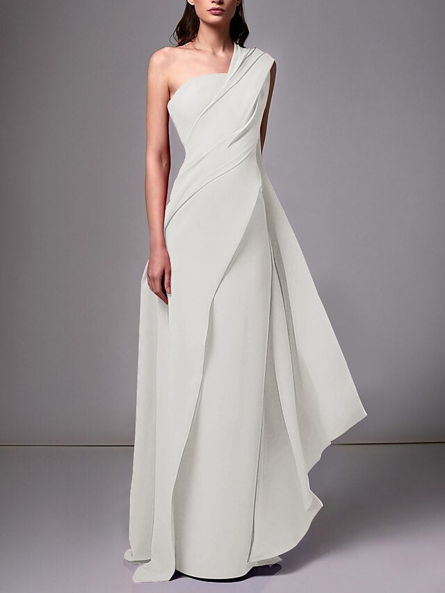 One-Shoulder Sleeveless Pleated Ruched Sheath Evening Gown