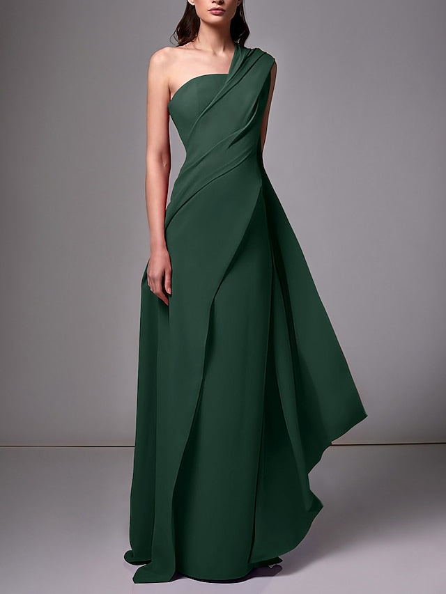One-Shoulder Sleeveless Pleated Ruched Sheath Evening Gown