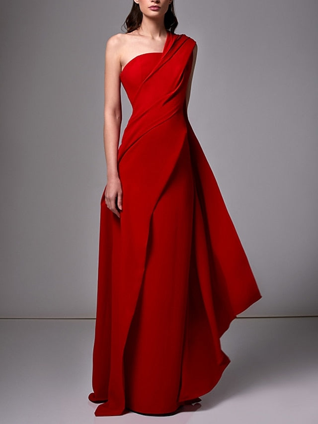 One-Shoulder Sleeveless Pleated Ruched Sheath Evening Gown